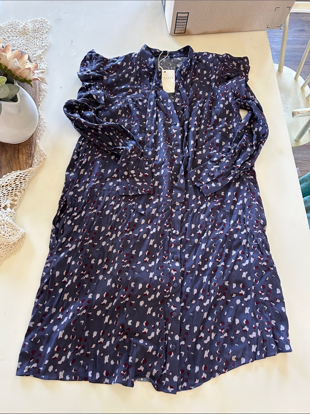 DownEast Navy Printed Long Sleeve Tunic with White & Burgundy Accents